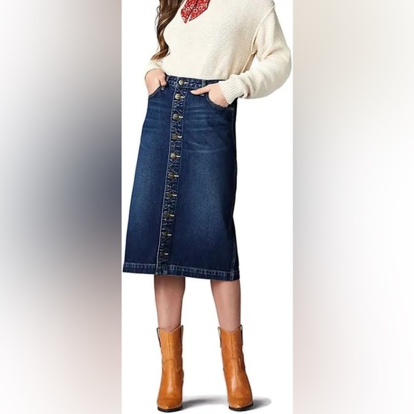 Lee High Rise Button Kansas Blue Dark Wash Denim Midi Skirt - Picture 8 of 8